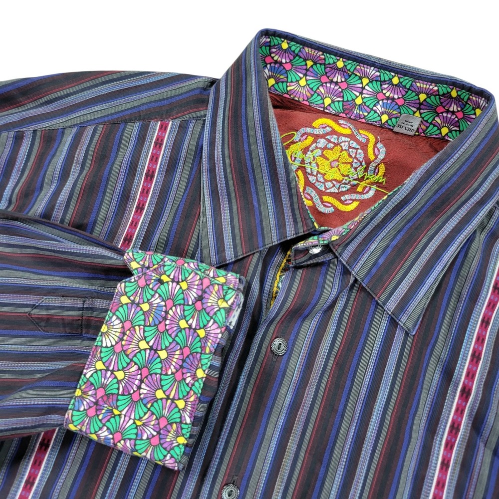 Robert Graham Button Up Shirt Mens 3XL Dark Striped‎ Flip Cuff Long Sleeve Art